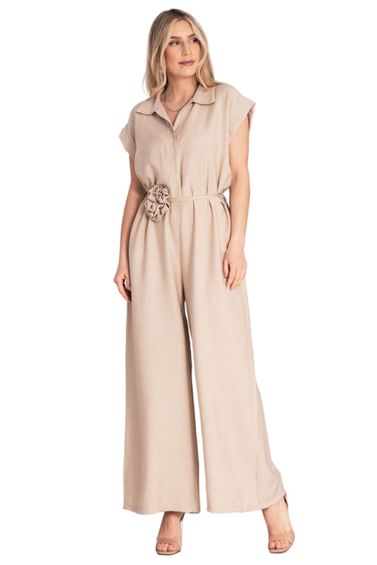 Wide leg jumpsuit with decorative floral belt - front view Wide leg jumpsuit with decorative floral belt - front view