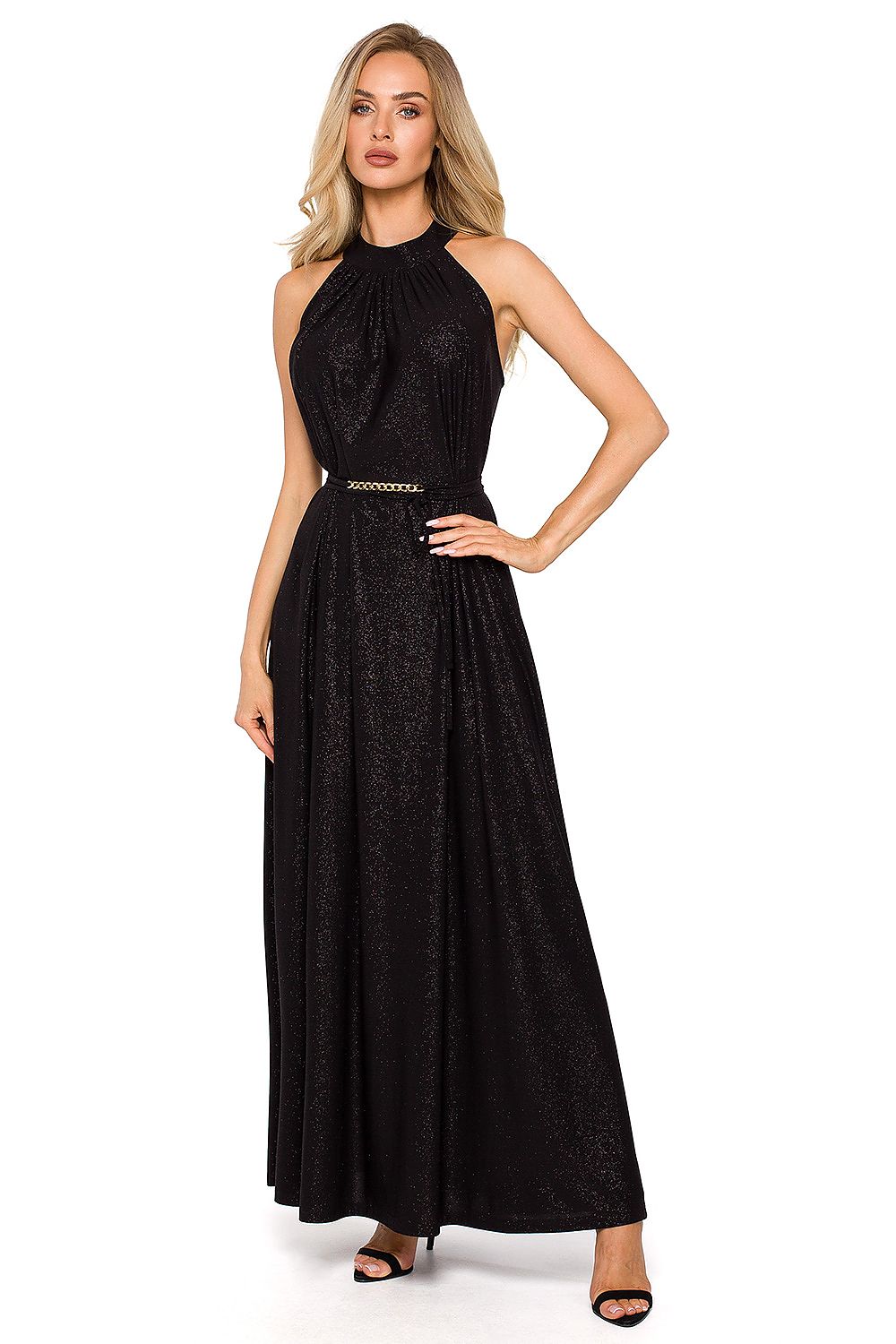 Black flared maxi dress with halter neckline and tie belt.