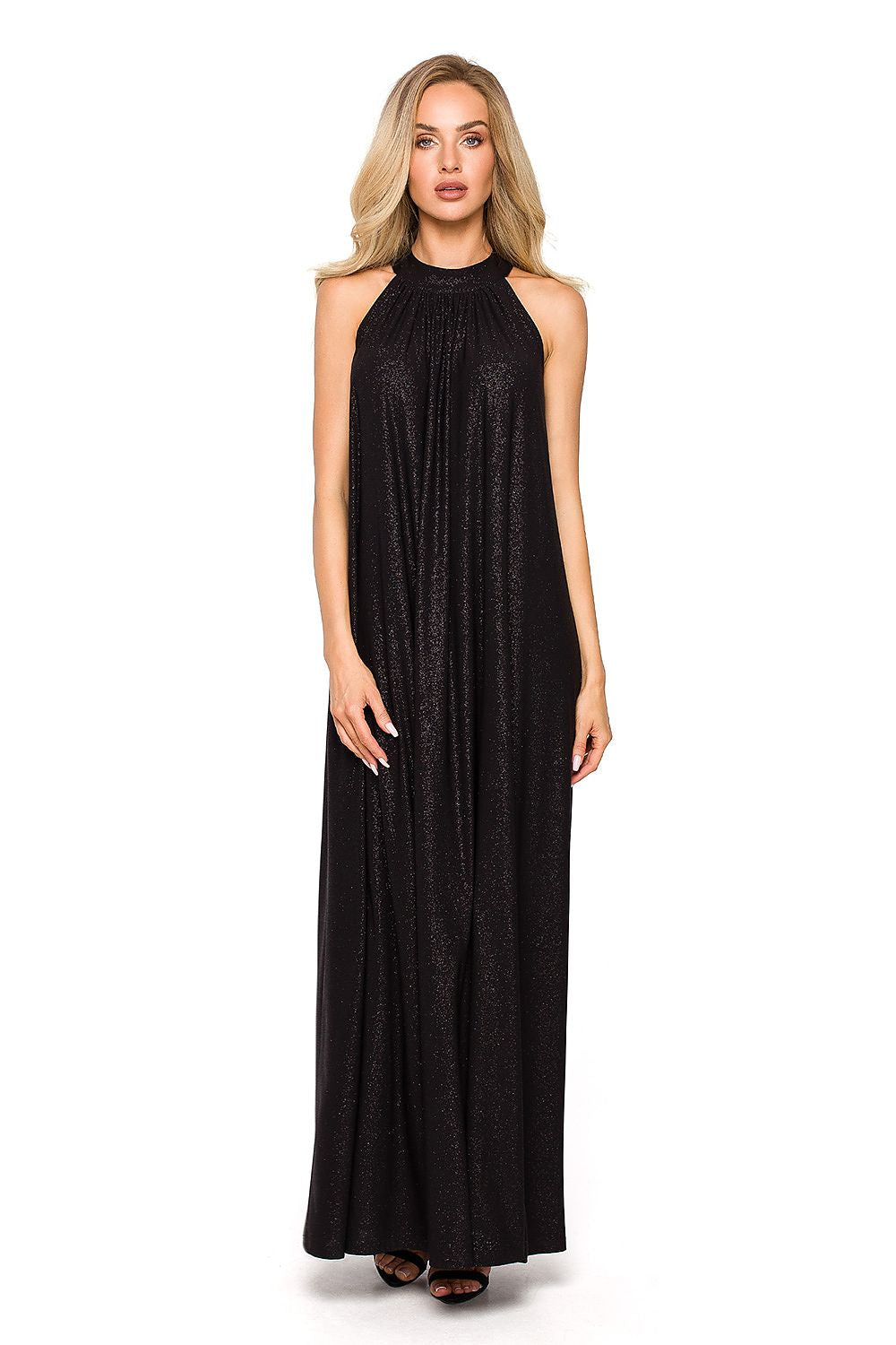 Elegant black brocade maxi dress with flowy silhouette.