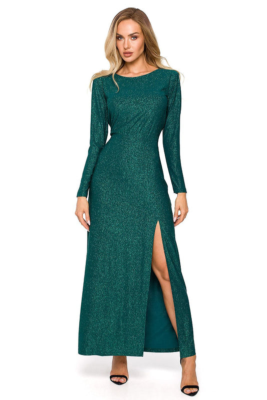 Green brocade evening gown with straight silhouette Green brocade evening gown with straight silhouette