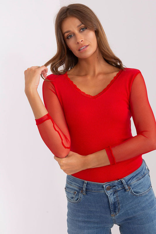 SweetHeart Neckline Ribbed Long Sleeve Red Blouse  SweetHeart Neckline Ribbed Long Sleeve Red Blouse