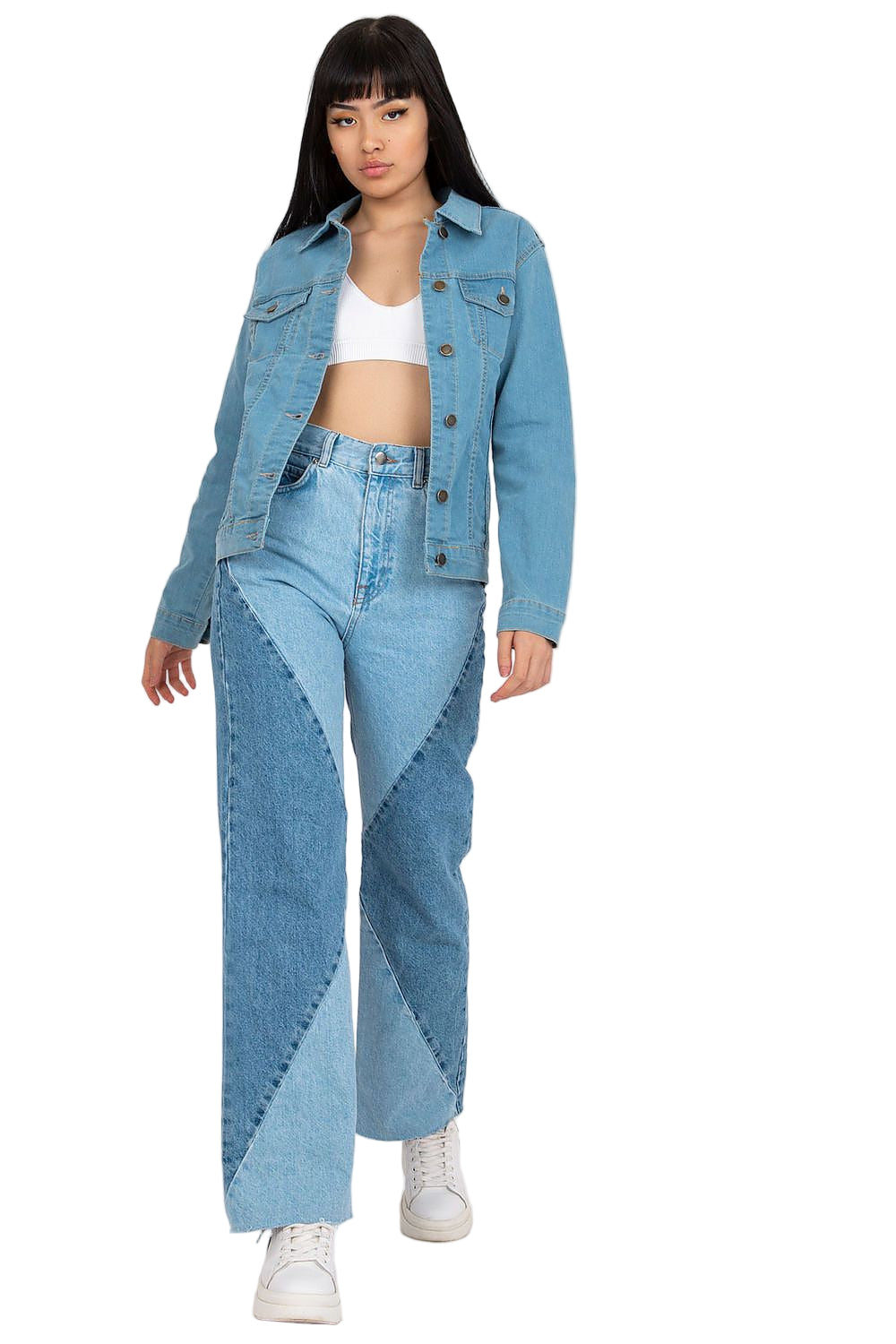 Model wearing light blue denim jacket styled for everyday wear