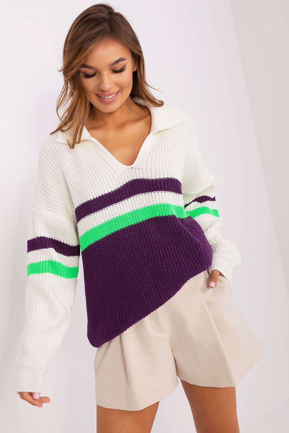Woman wearing a European quality Badu casual sweater with subtle stripes