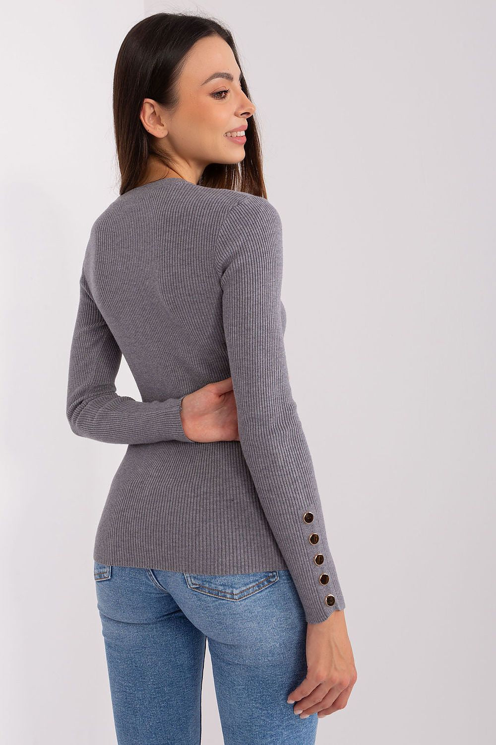 gray ribbed sweater with long slleeves and button