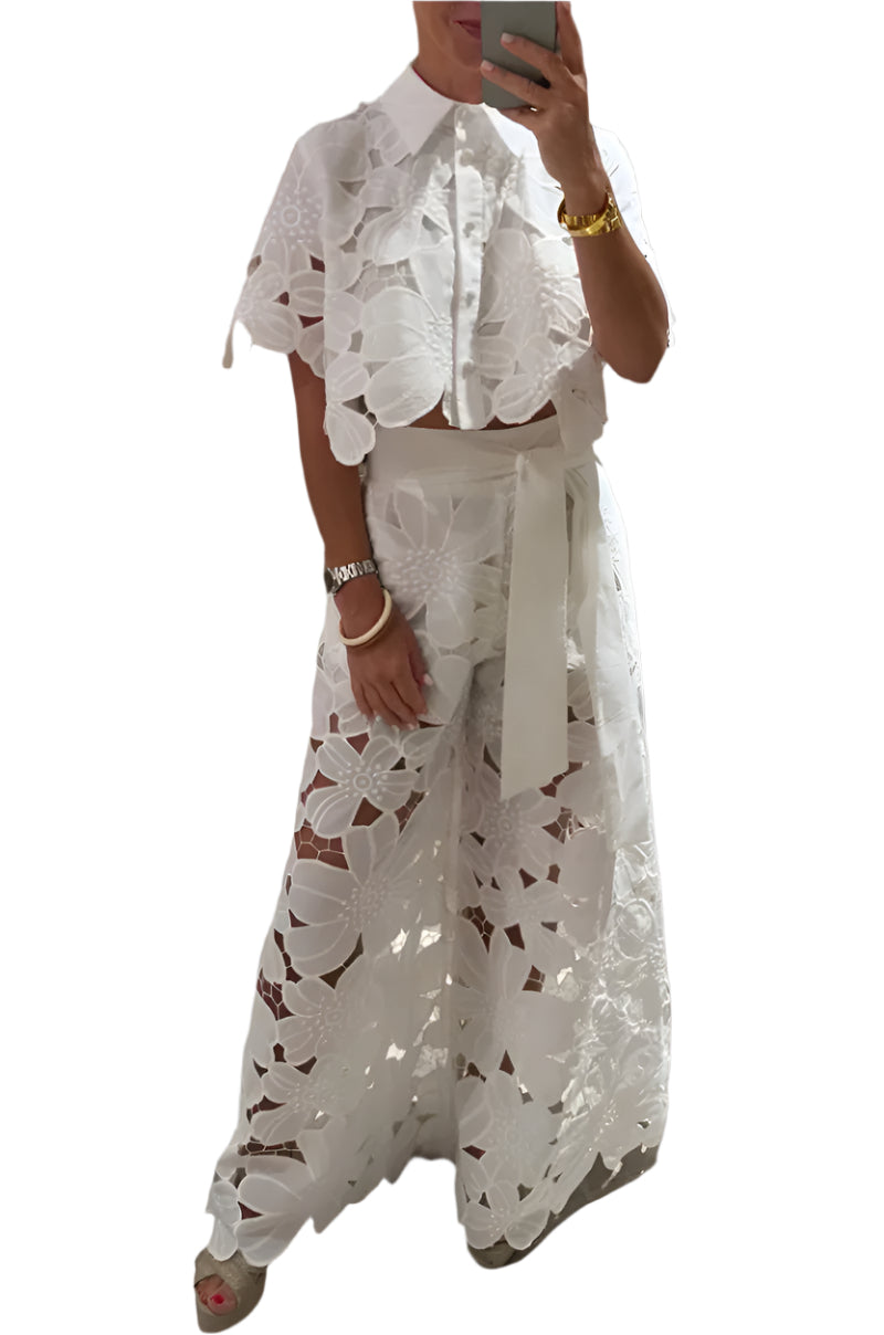Floral lace crop top and wide-leg pants set