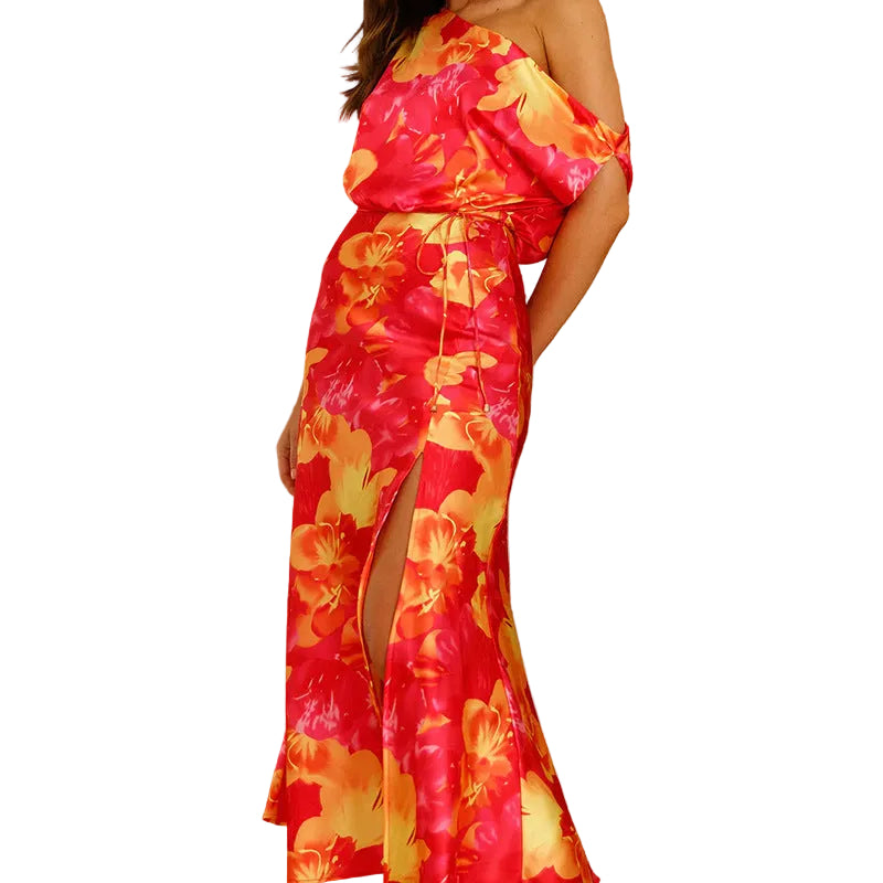 one shoulder asymmetric satin dress women orange floral summer elegant