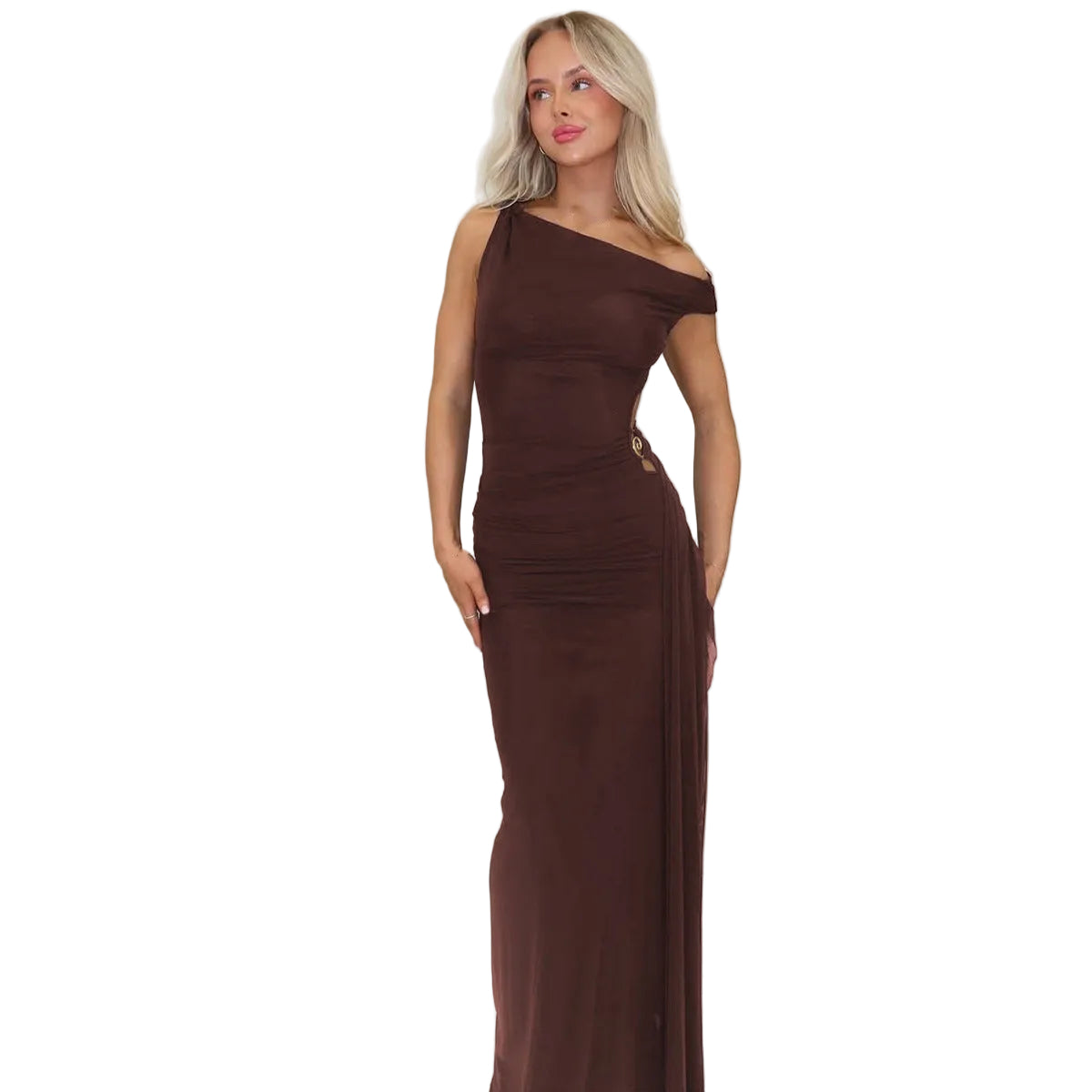 brown slant shoulder cocktail dress - fitted design with side slit for celebrations