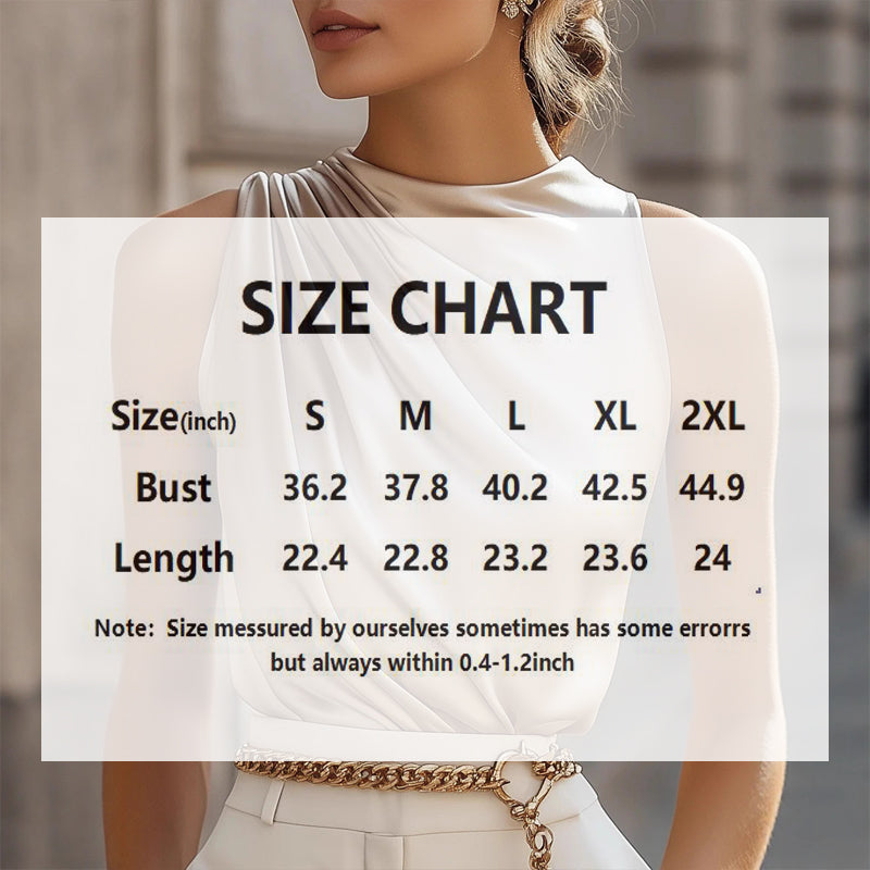 Woman wearing a white sleeveless top with a size chart overlay