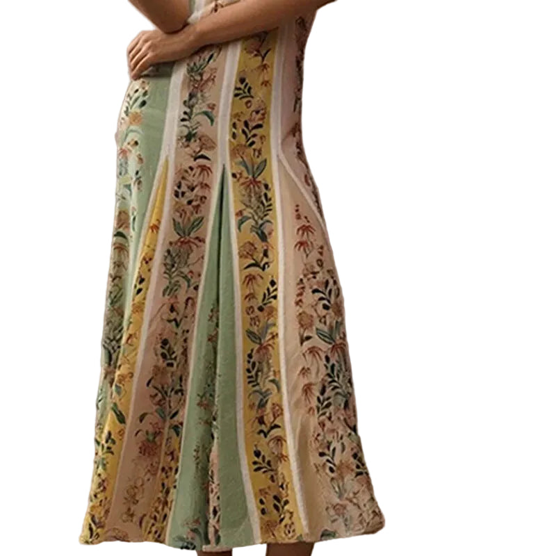 Sleeveless floral print dress with colorful vertical panels and a flowing skirt