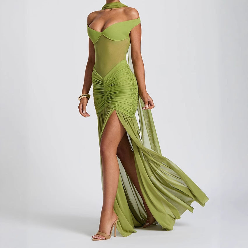 Off-Shoulder Mesh Gown - Ruched High Slit