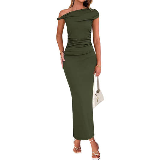 Dark green one-shoulder ruched bodycon maxi dress full length front view on model
Dark green one-shoulder ruched bodycon maxi dress full length front view on model