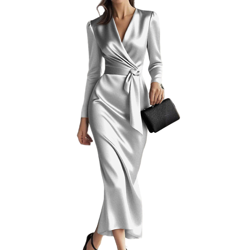 Classy Satin Silver wrap dress