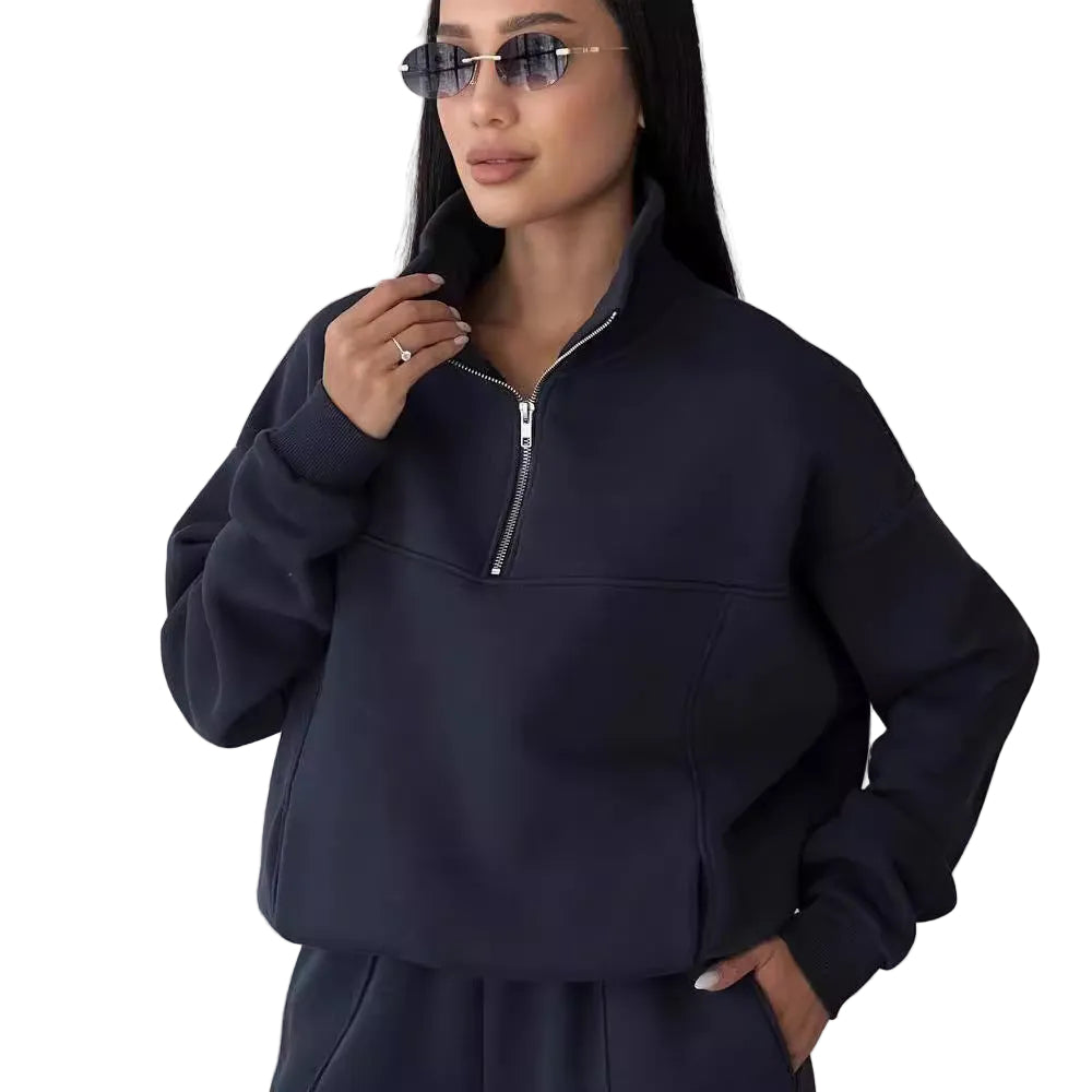 Women's Y2K two-piece tracksuit set in navy blue – full length front view, casual sport street style outfit