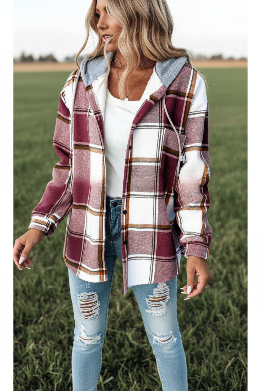 Plaid hooded button coat in burgundy – full length front view, autumn winter women's outerwear