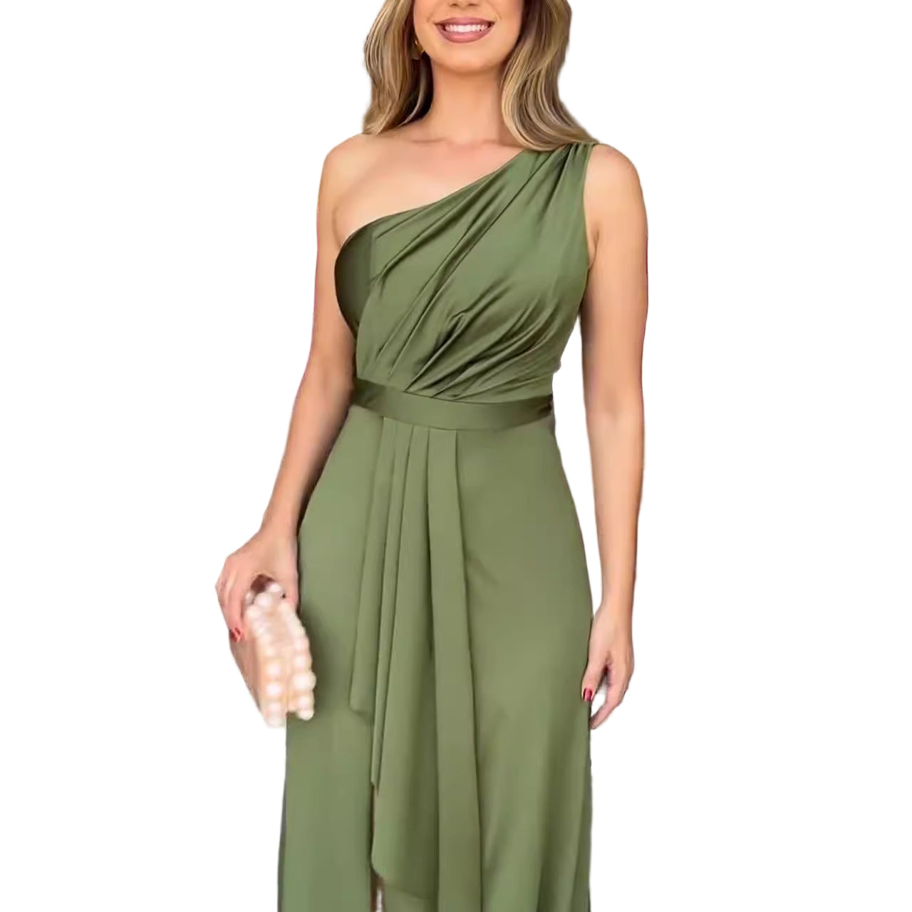 Sage green elegant gown styled for formal wedding or gala event