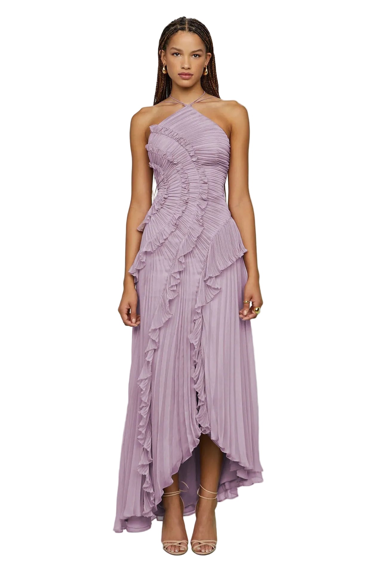 purple pleated ruffle halter maxi dress women