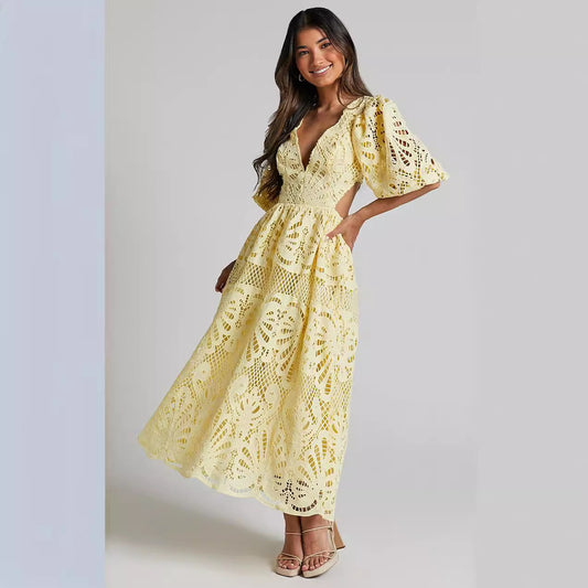 Woman wearing a yellow lace dress  Woman wearing a yellow lace dress