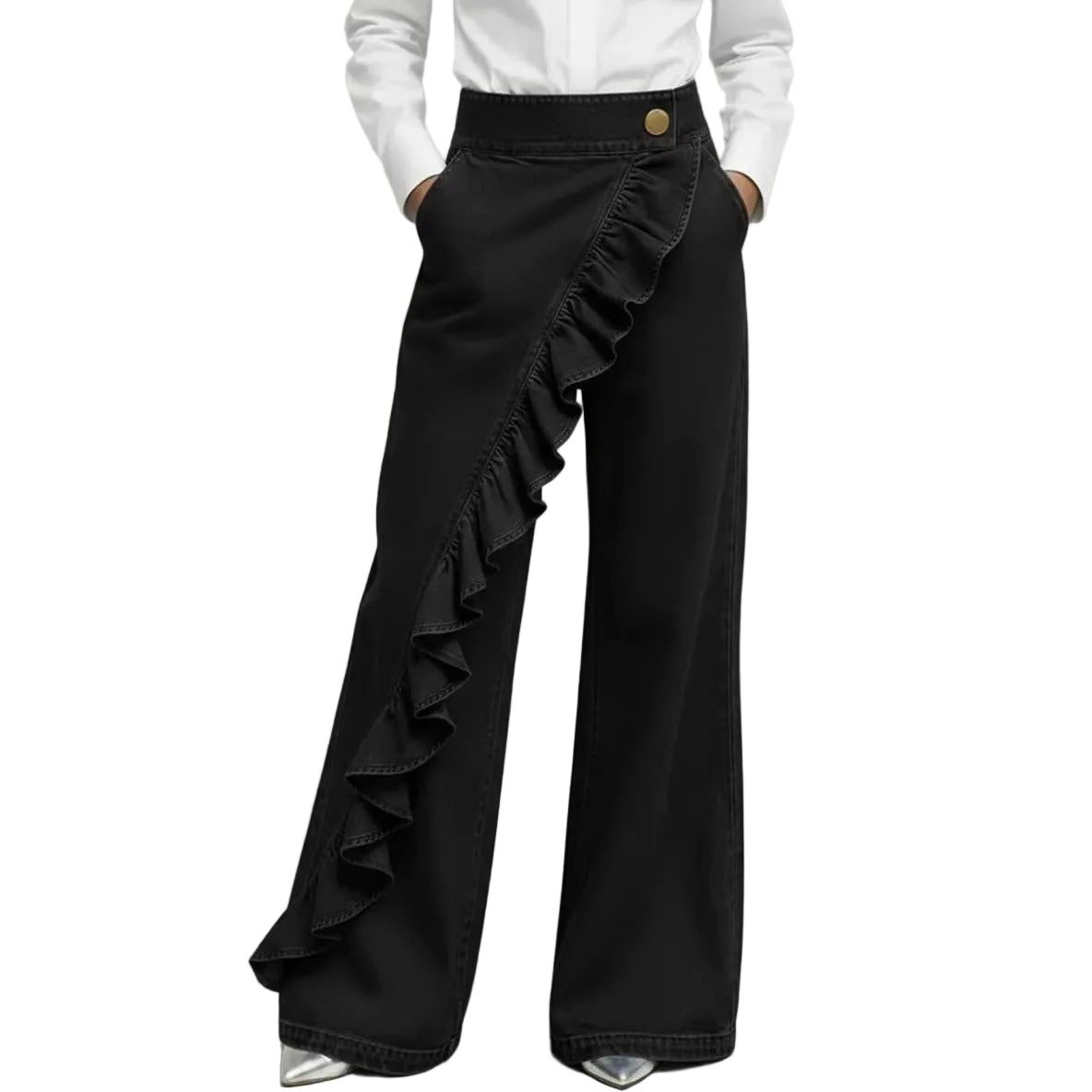 Women's high waist wide leg denim pants ruffle detail blue black