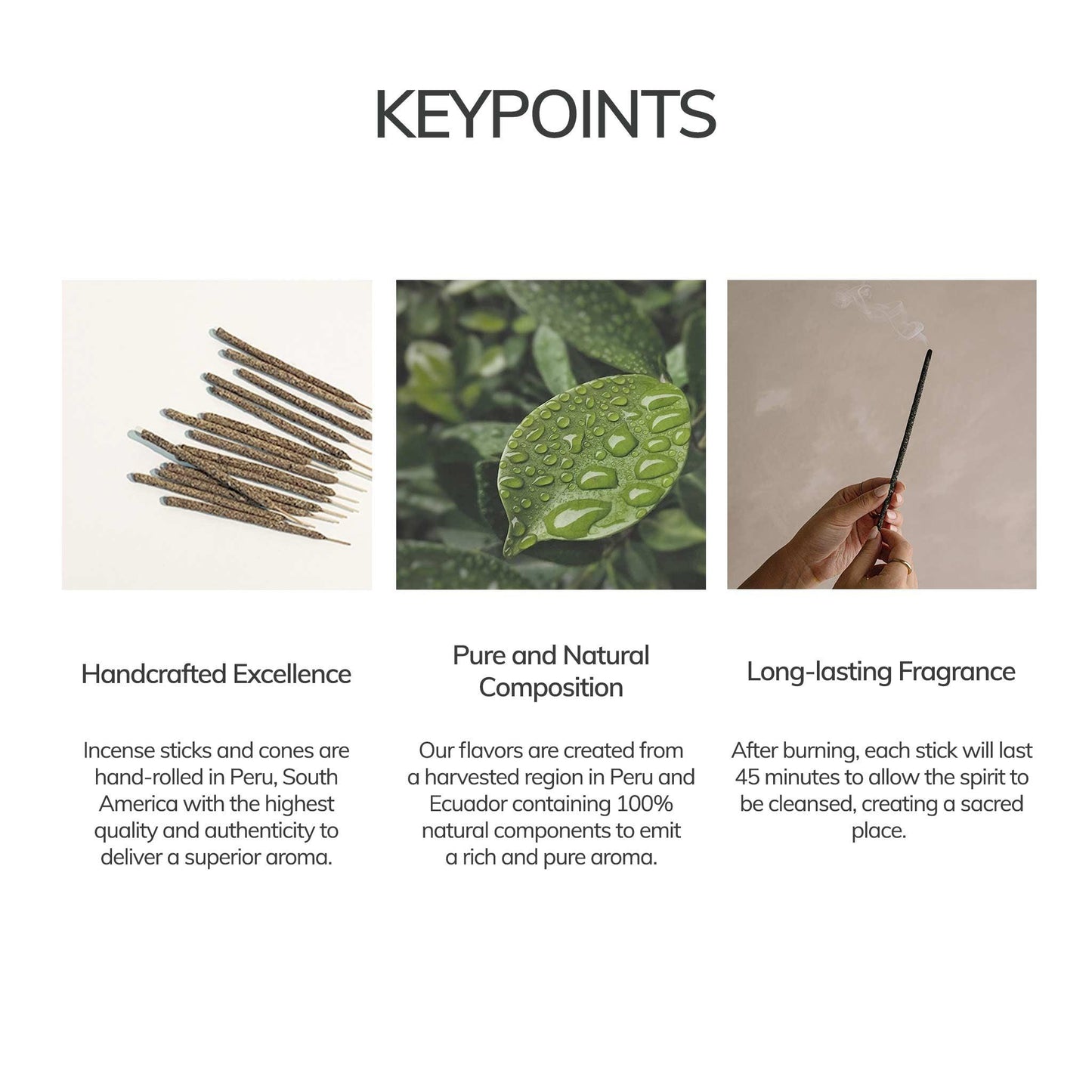 Promotional graphic for incense sticks and cones with text on handcrafted excellence, natural composition, and long-lasting fragrance.
