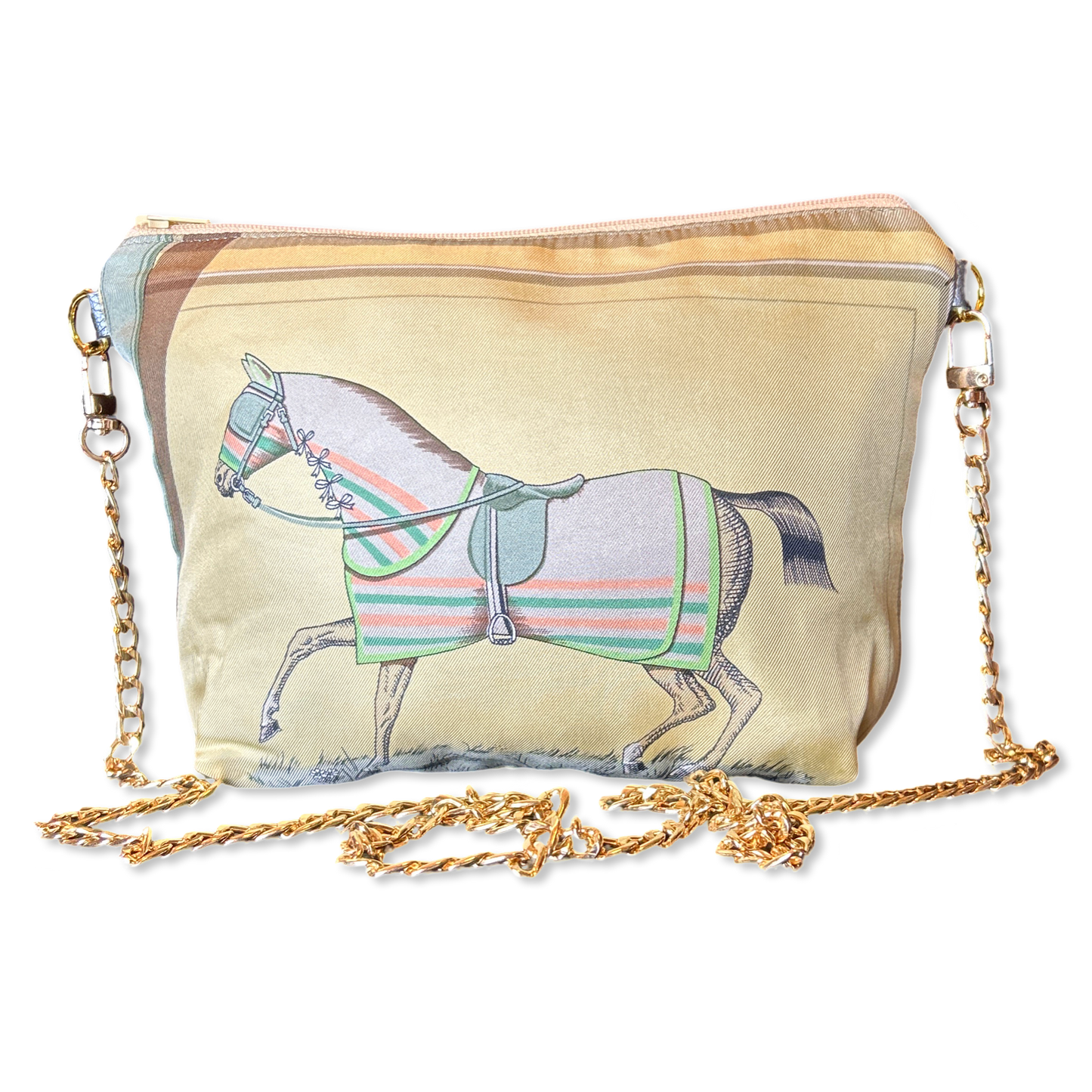 Pouch with horse design and gold chain strap on a beige background