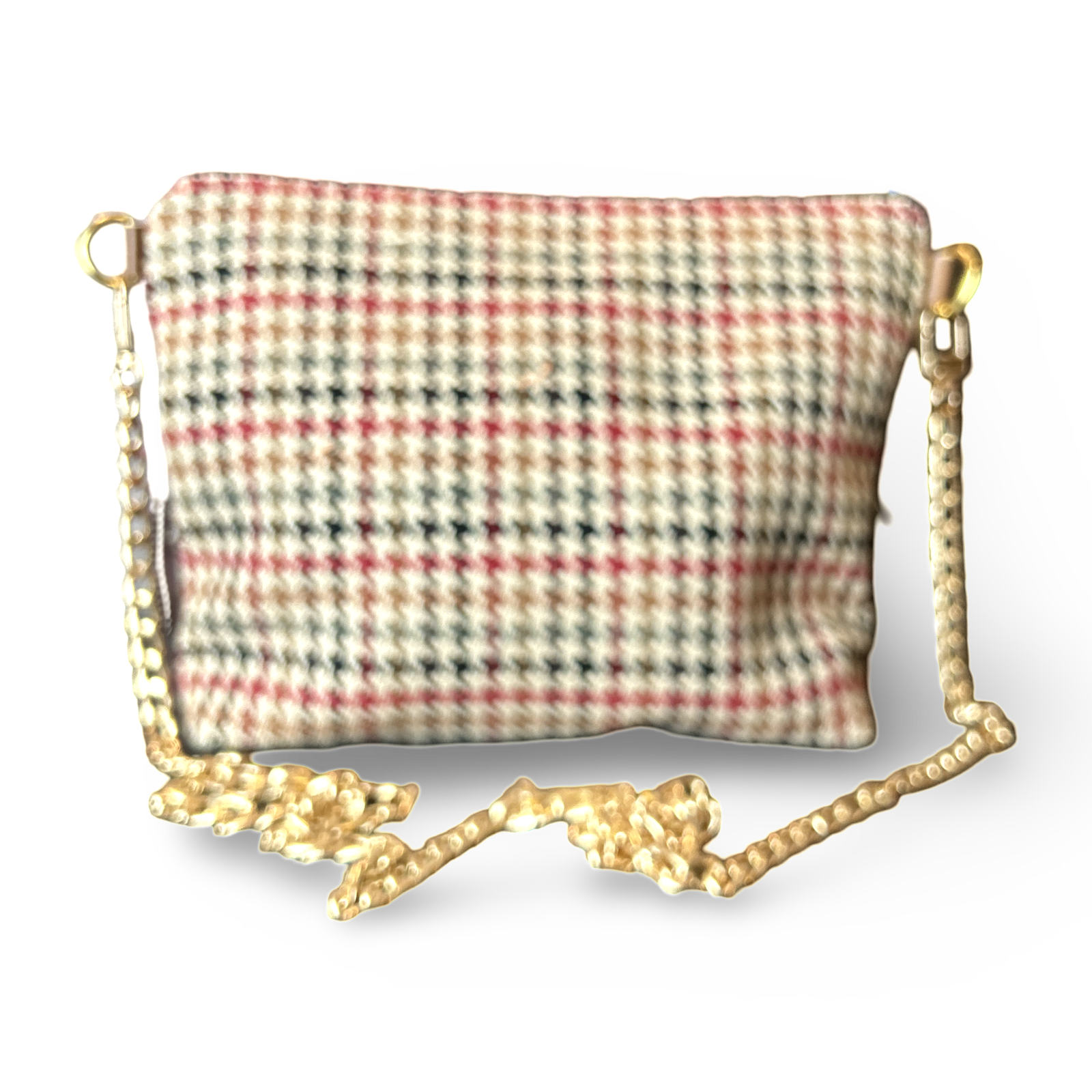 Plaid handbag with gold chain strap on a white background