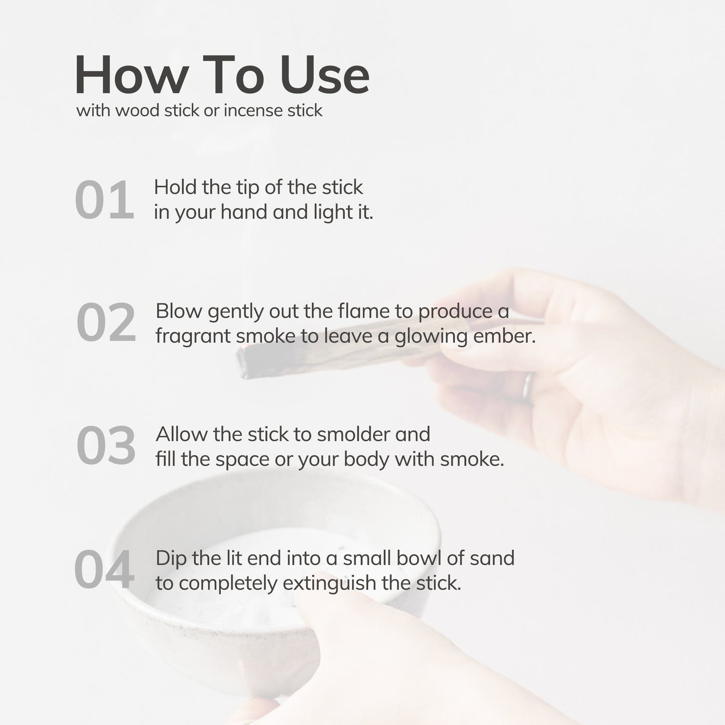 Instructions on how to use a wood stick or incense stick with text and a hand holding a stick.