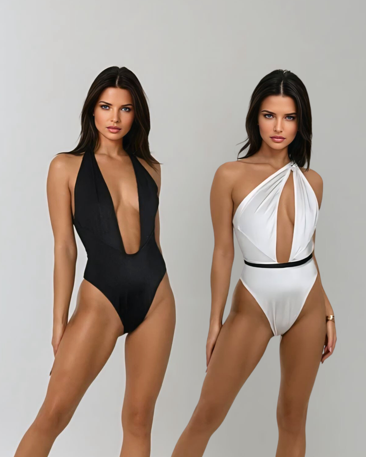Two women wearing black and white swimsuits on a plain background