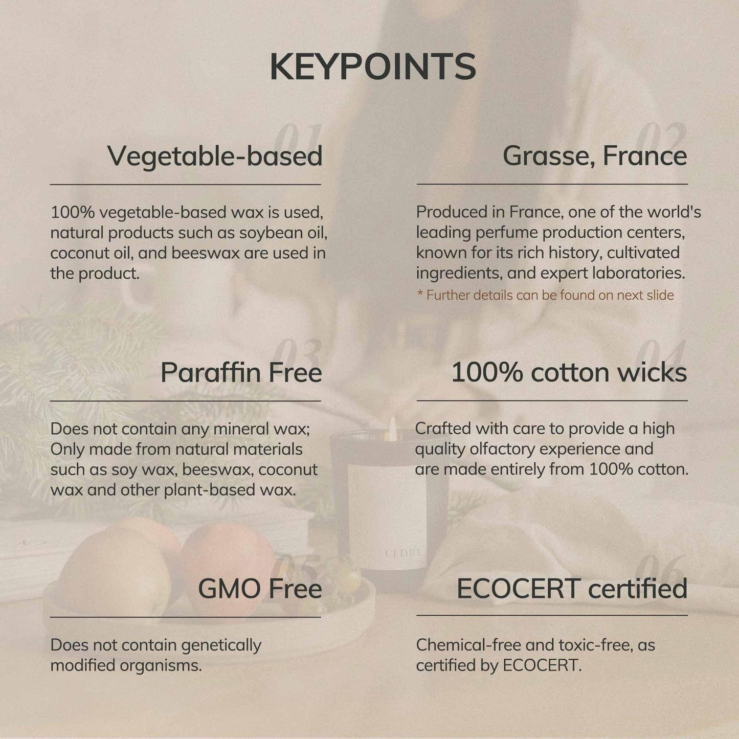 Product features slide with text about vegetable-based wax, Grasse, France, paraffin-free, 100% cotton wicks, GMO-free, and ECOCERT certified.