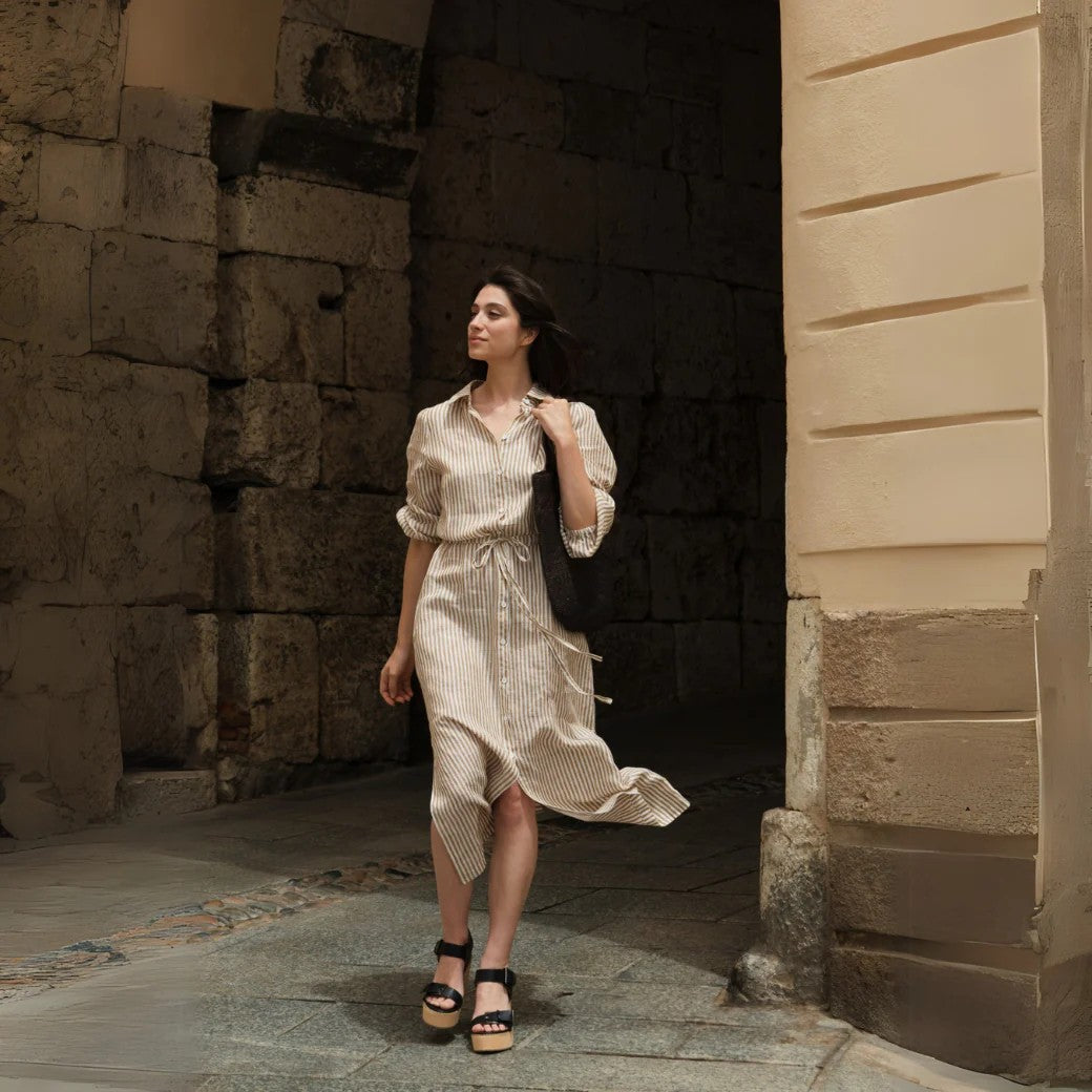 Rhapsody linen dress styled for casual elegance.