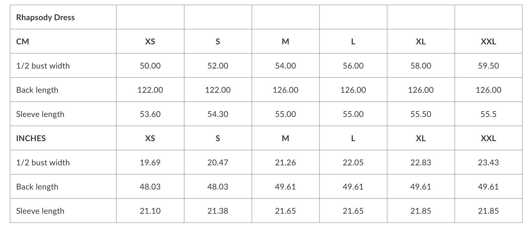 size chart of the Rhapsody bronze Dress at uplift luxe