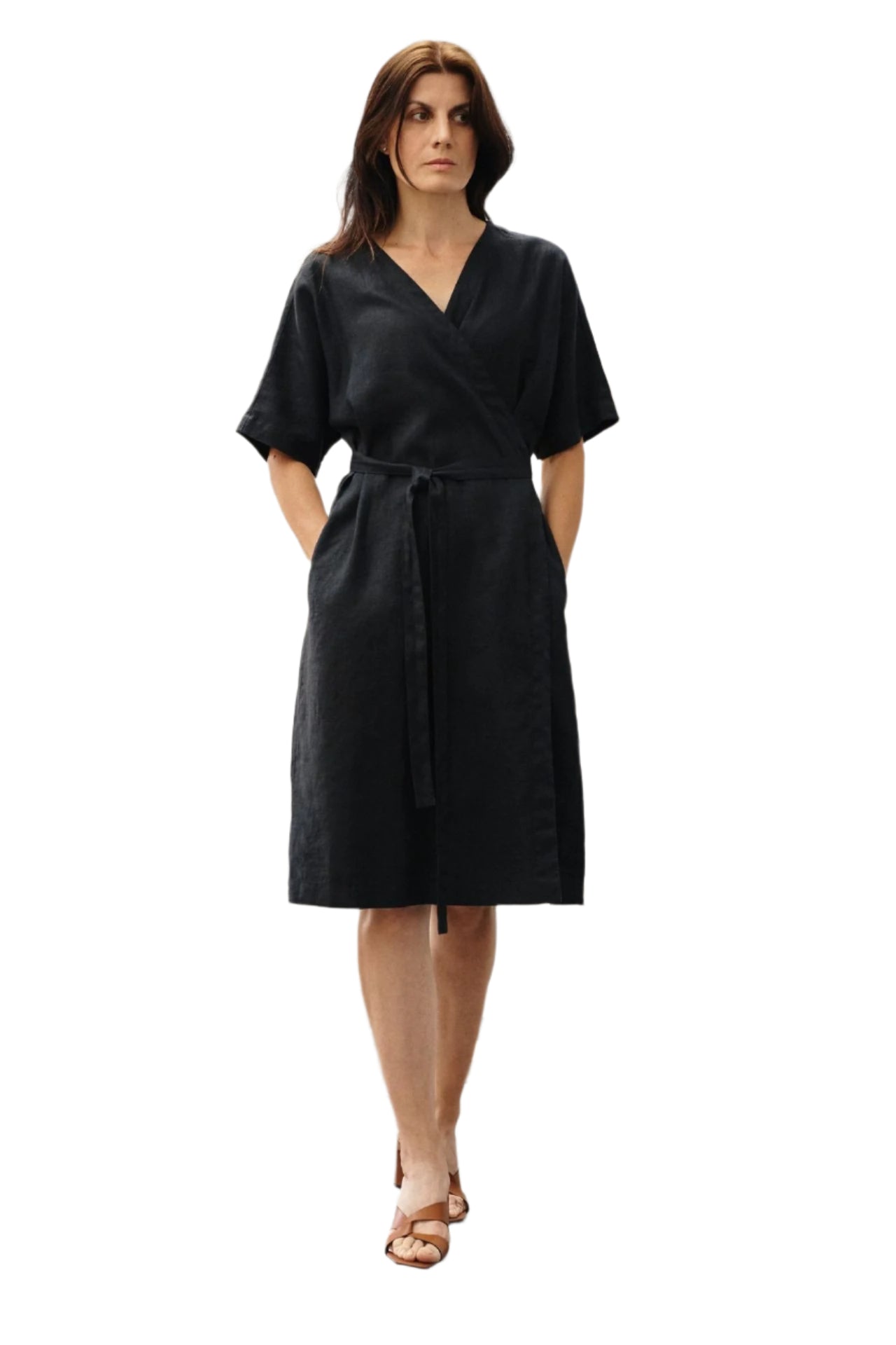 Vine Linen black Wrap Dress in soft stone-washed fabric