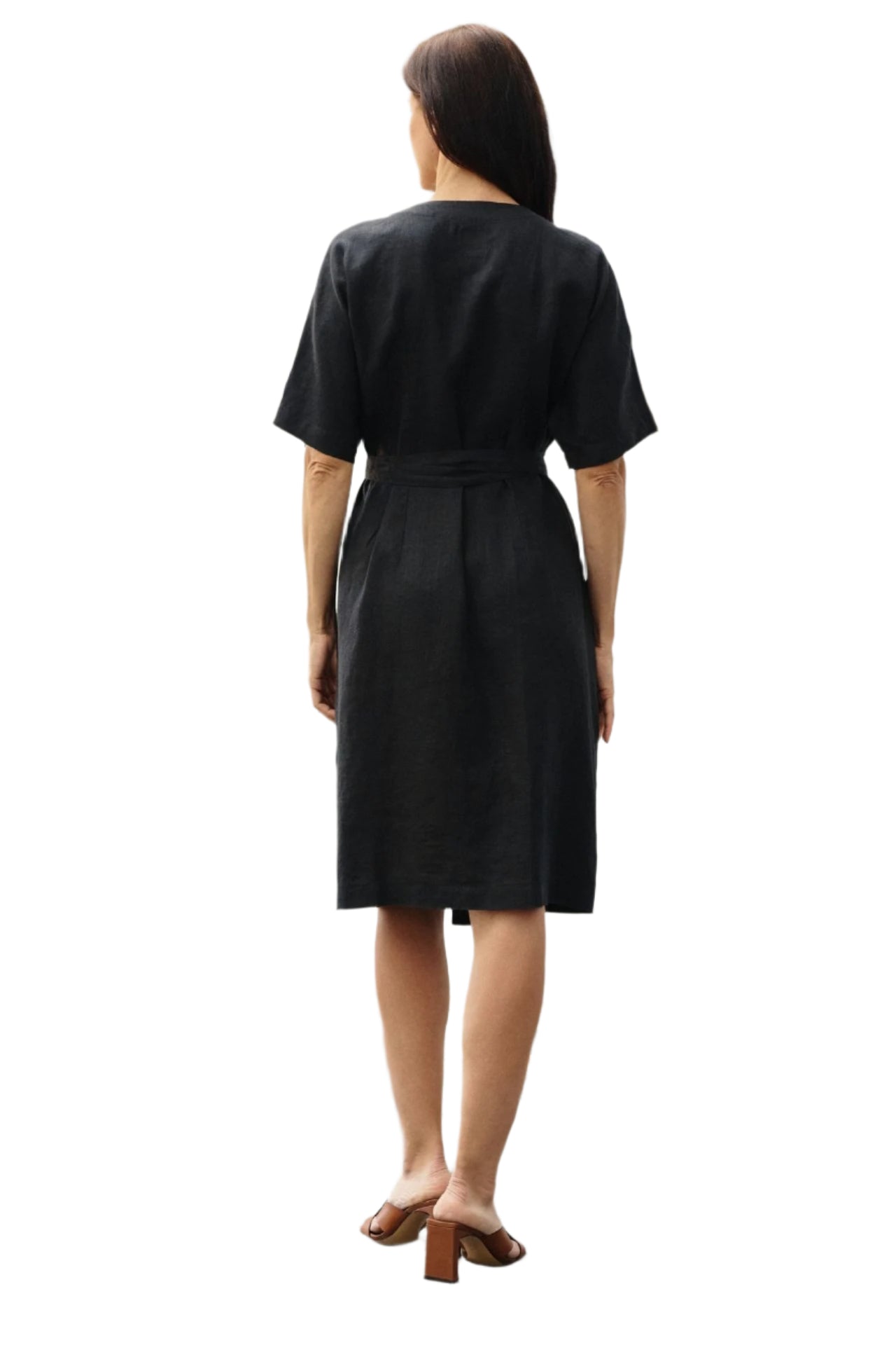 Uplift Luxe black wrap dress in 100% breathable linen for sizes S to L