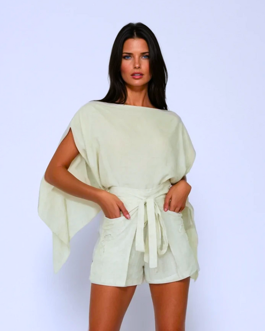 Linen Wrap Shorts - Embroidered Palm Details Linen Wrap Shorts - Embroidered Palm Details