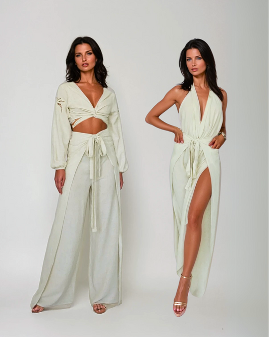 Convertible linen pant to jumpsuit with pockets in oatmeal color Convertible linen pant to jumpsuit with pockets in oatmeal color