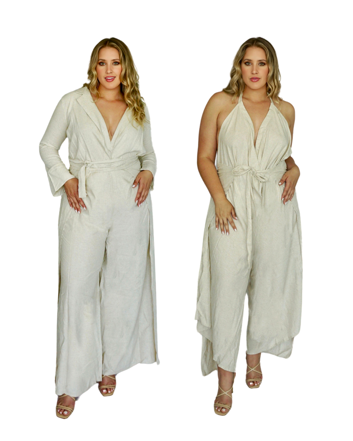 Two outfits worn by a model on a white background