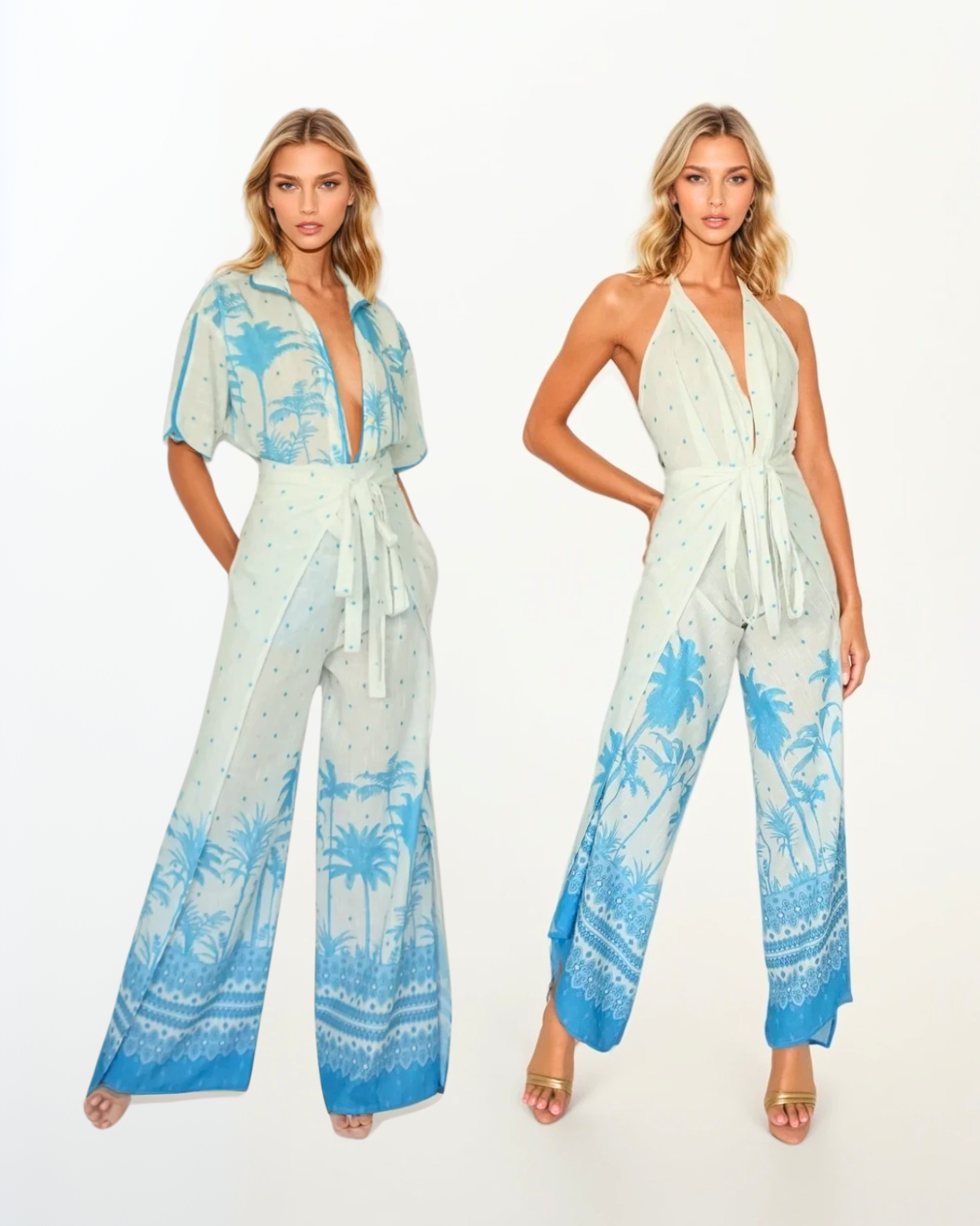 Two women wearing matching blue and white patterned jumpsuits on a white background