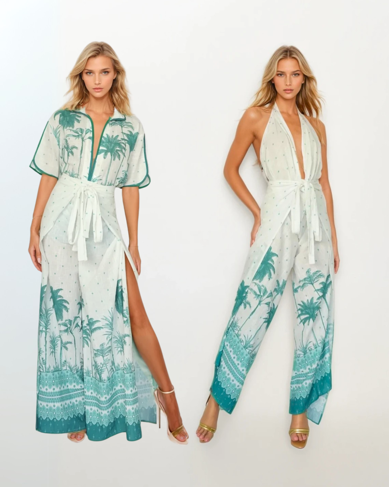 Two women wearing matching outfits with palm tree patterns on a white background