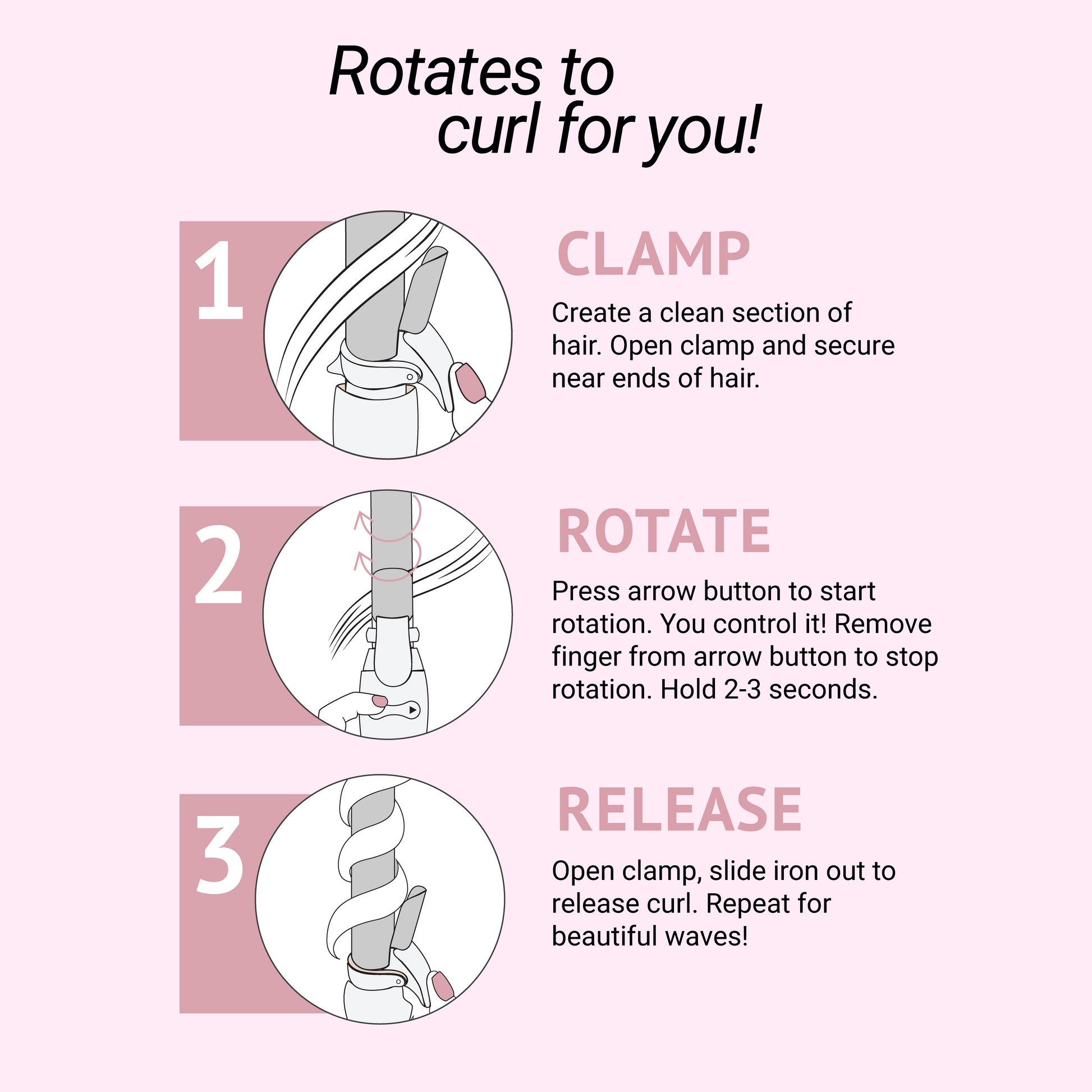 Instructions for using a hair curling tool with illustrations and text