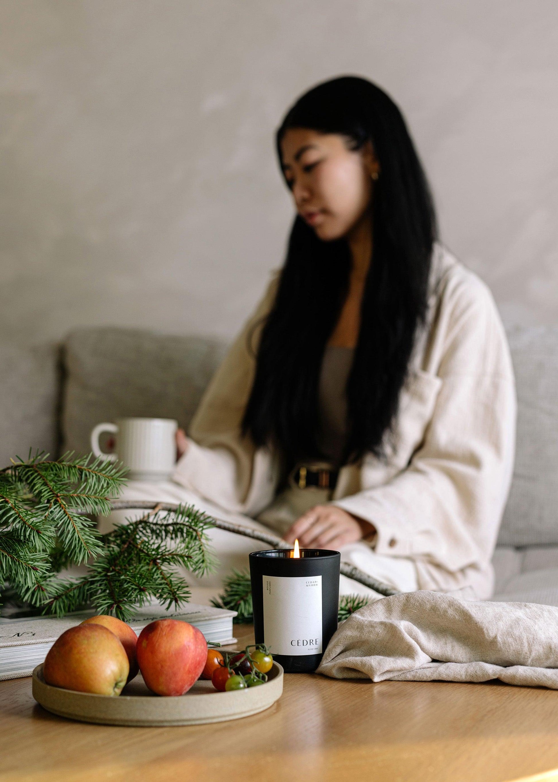 Artisan candle with clean-burning cotton wick, free from paraffin, palm oil, and GMOs.