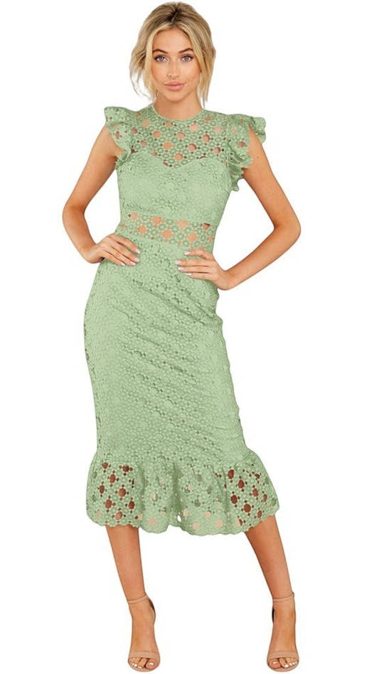 Uplift Luxe light green lace midi dress with ruffle sleeves and hem, featuring cut-out waist detail. Uplift Luxe light green lace midi dress with ruffle sleeves and hem, featuring cut-out waist detail.