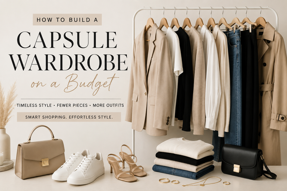Neutral capsule wardrobe essentials on a clothing rack