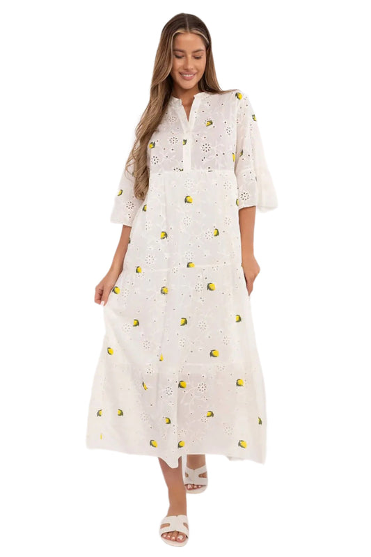 Lemon print cotton boho maxi dress with lace embroidery