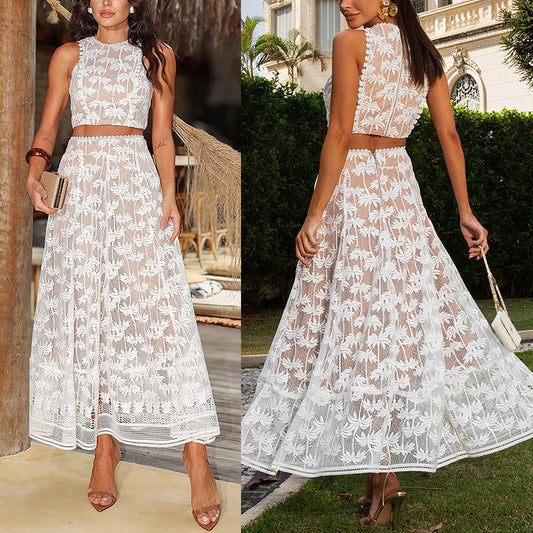 Woman wearing a white lace dress in two different settings.