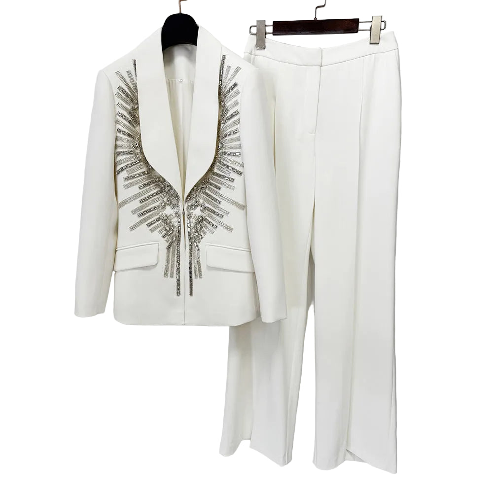 Crystal-Embellished Shawl Collar Blazer & Wide-Leg Trouser Suit Set