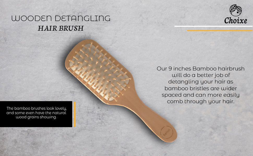 Wooden detangling hairbrush on a gray background with text about its features.