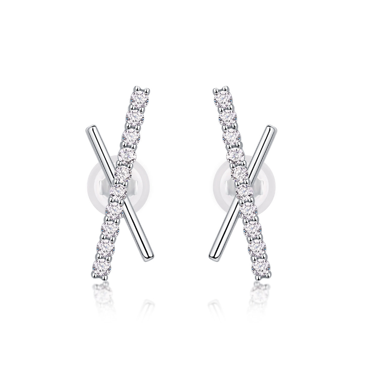 Pair of diamond silver earrings with X-shaped design