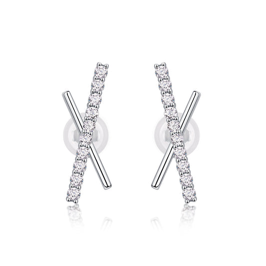 Pair of diamond silver earrings with X-shaped design