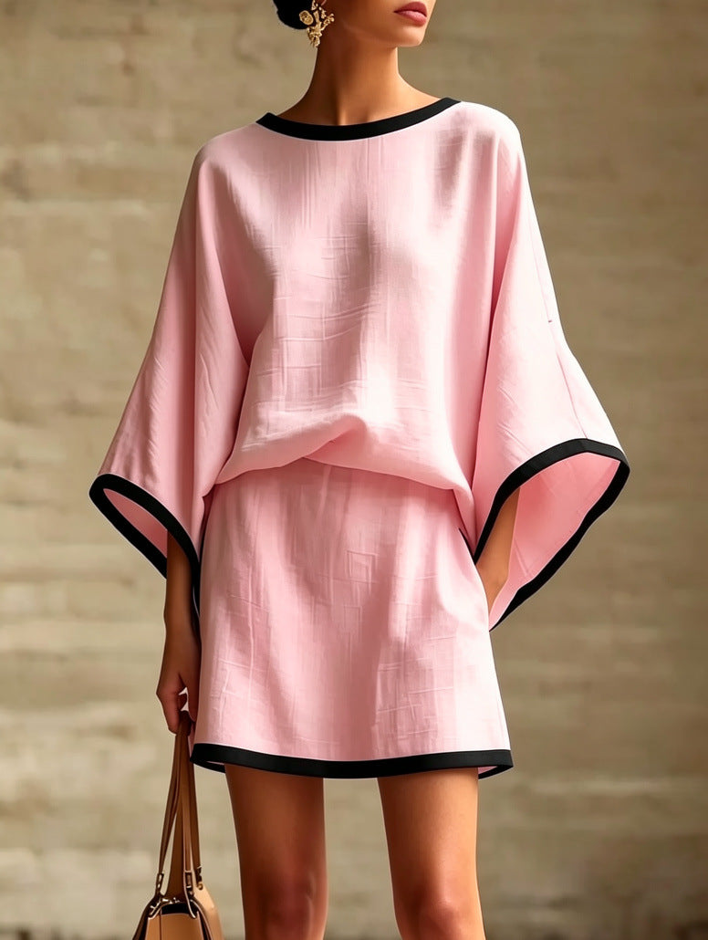 High-Waist Mini Skirt and Batwing Sleeve Top Co-ord in Color-Block Design
