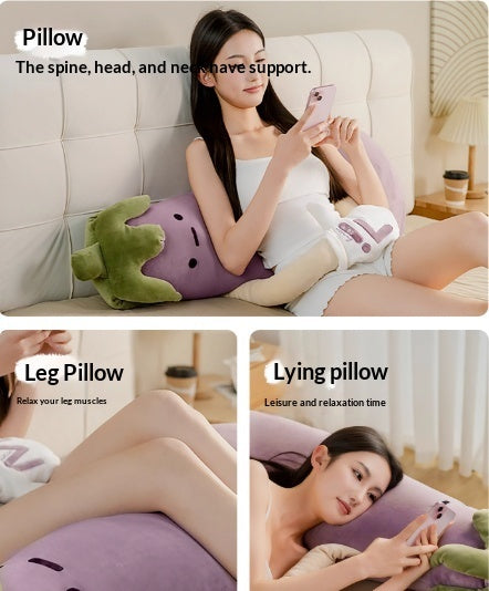 Woman using a purple pillow with green accents on a couch, with text describing its benefits.