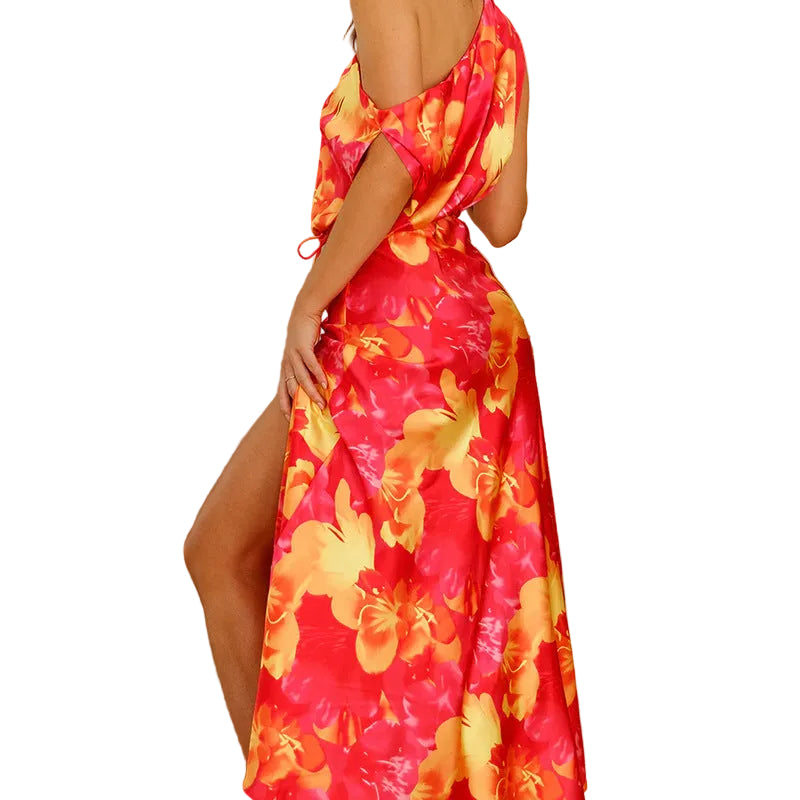 backless one shoulder floral satin dress women front slit maxi length
